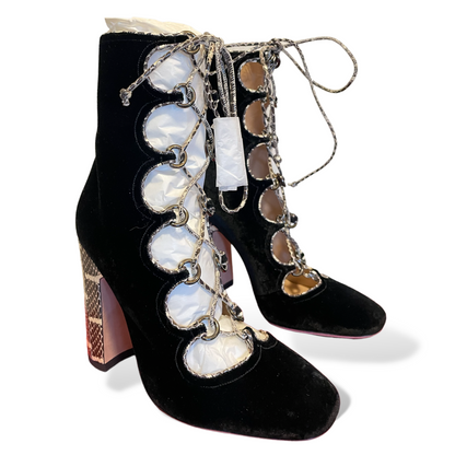 Valentino Garavani Black Velvet with Snake Skin Trim Lace up Ankle Booties - photo 8 of 12