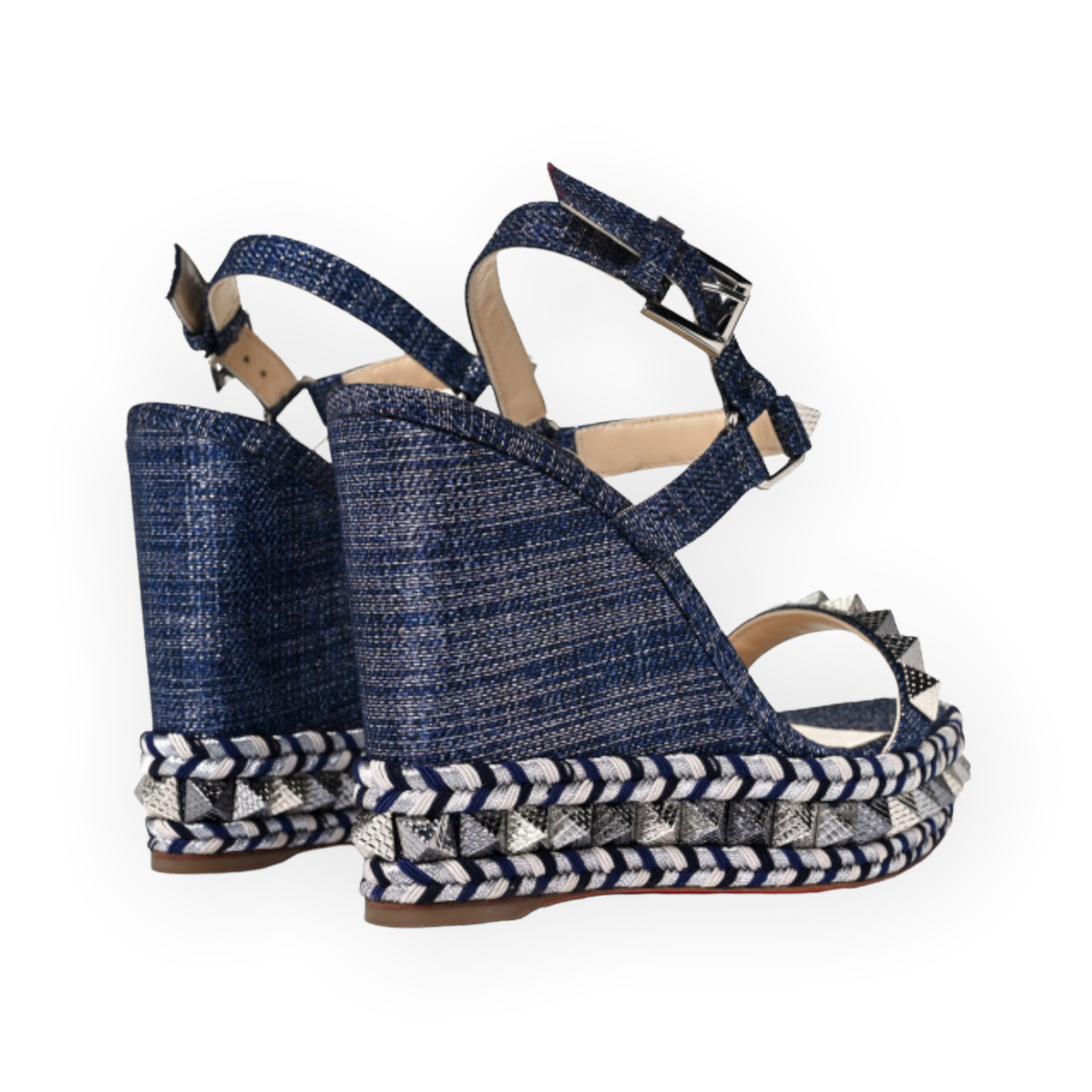 CHRISTIAN LOUBOUTIN Denim Lame Lux Pyraclou 110 Wedge Sandals |Size: 39|