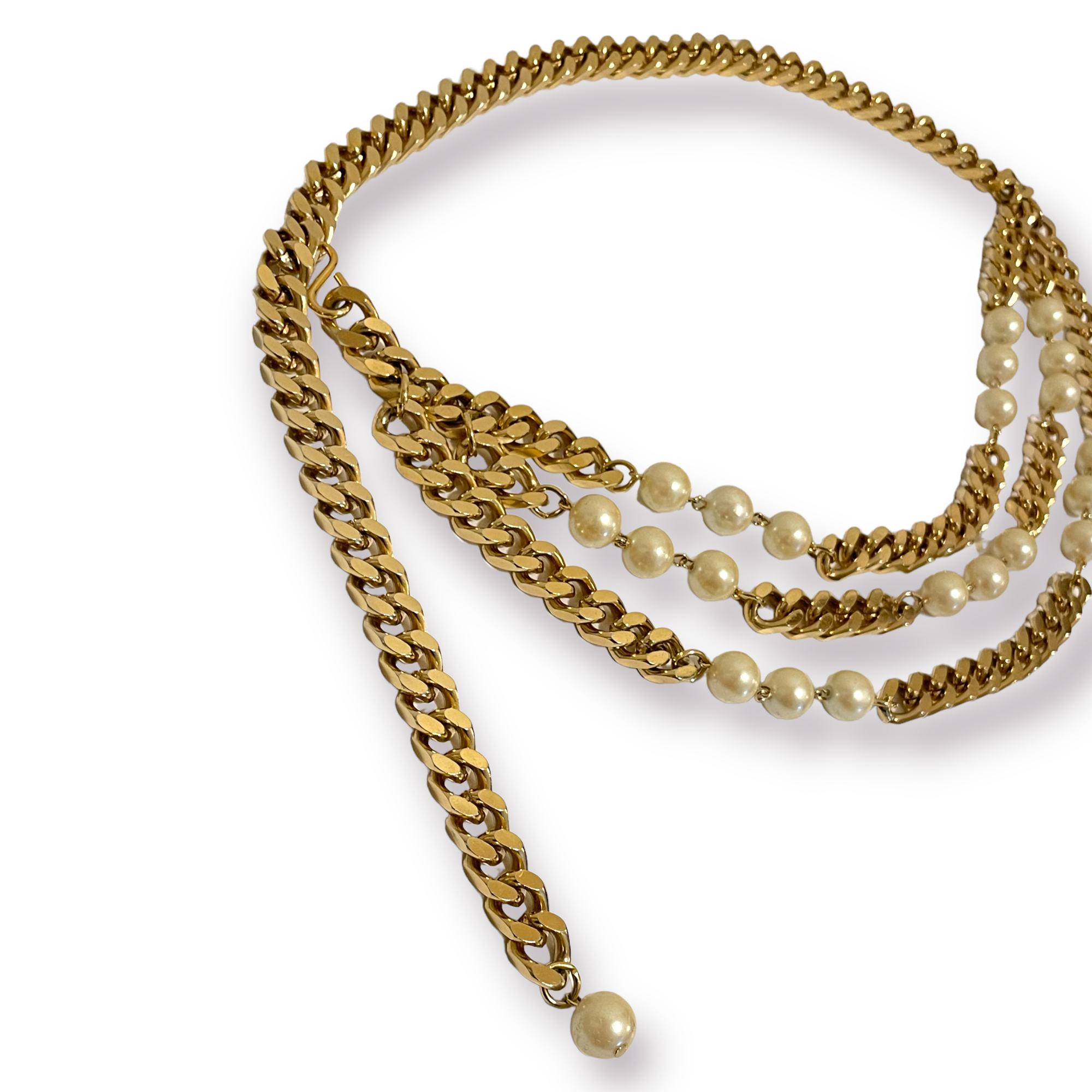 NEIMAN MARCUS Gold Tone Metal & Pearl Cuban Link Chain Belt