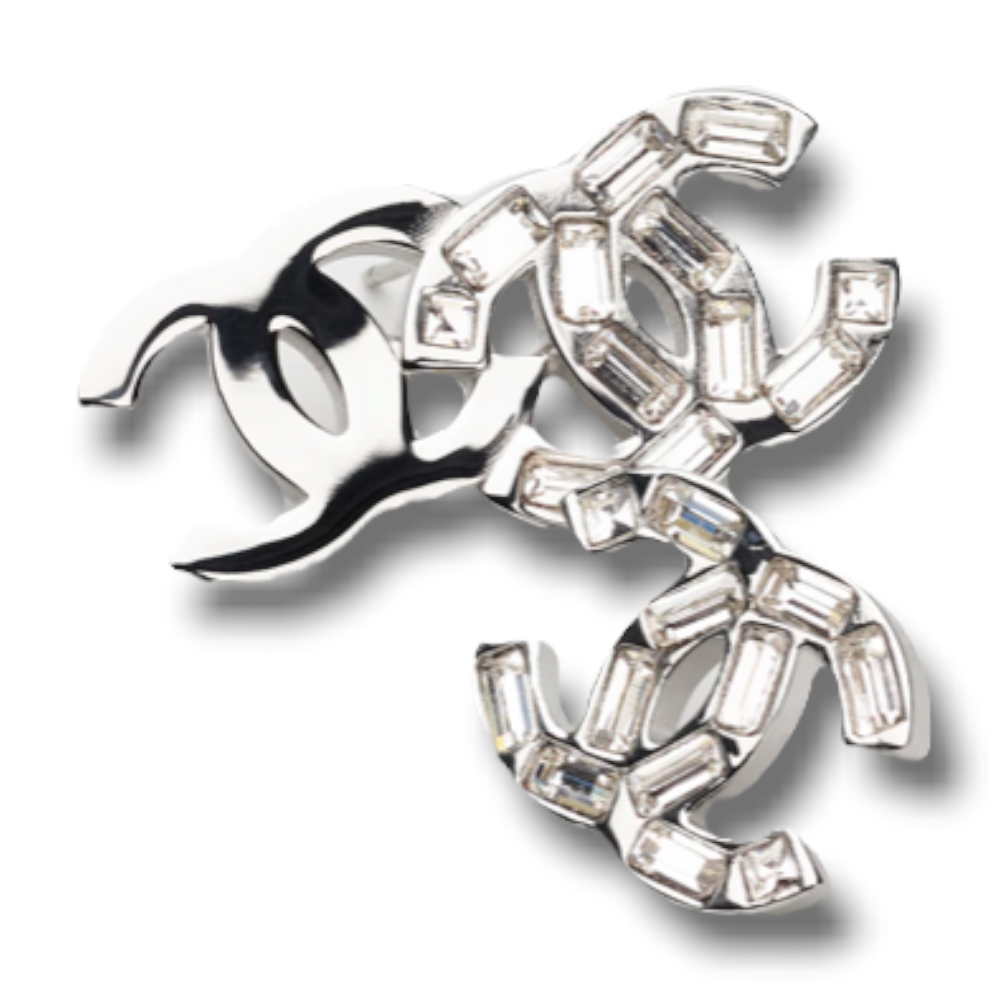 Chanel Silver interlocking CC Logo and Baguette Crystal Stud Earrings