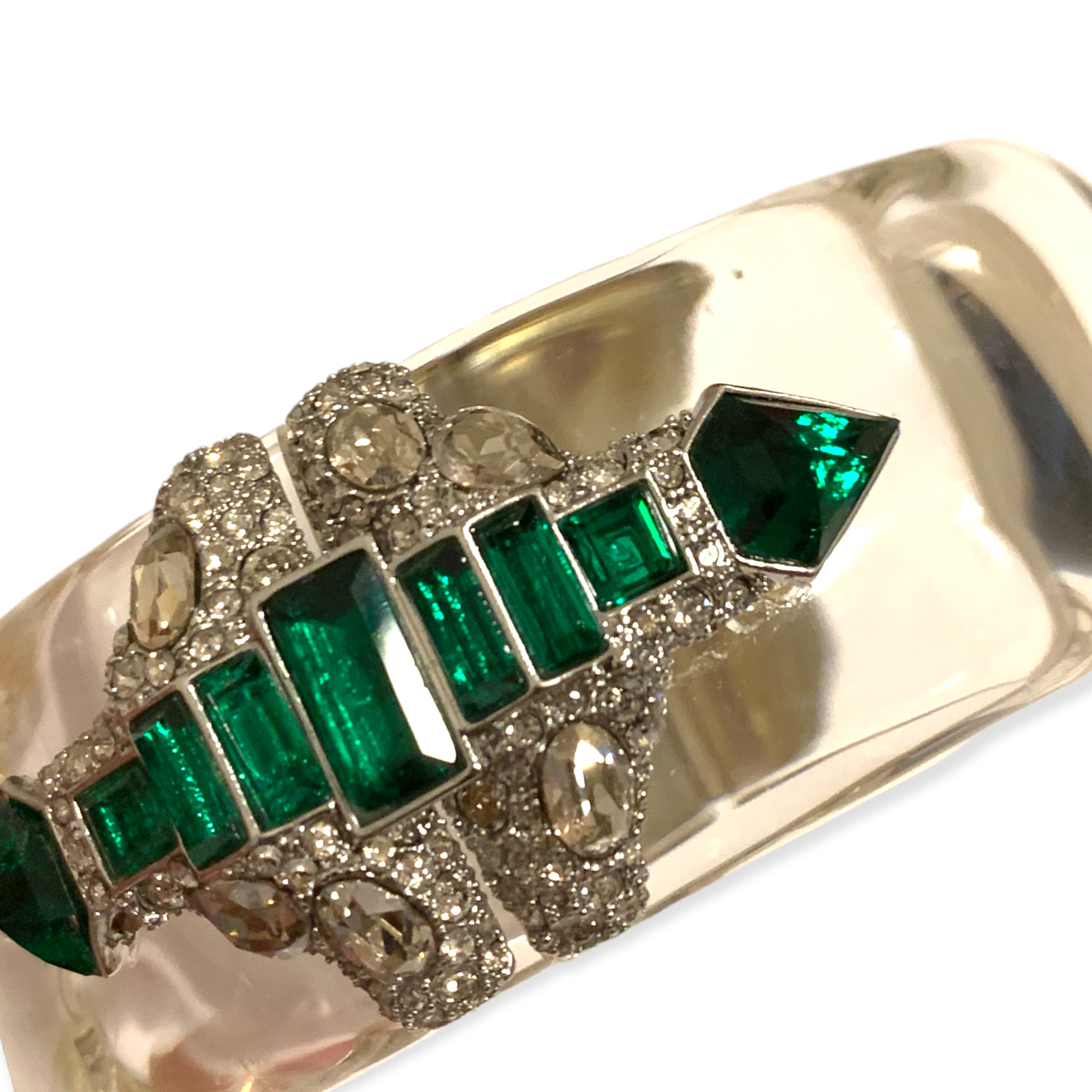 ALEXIS BITTAR Clear Lucite Bangle encrusted with Emerald Green & Clear Crystals