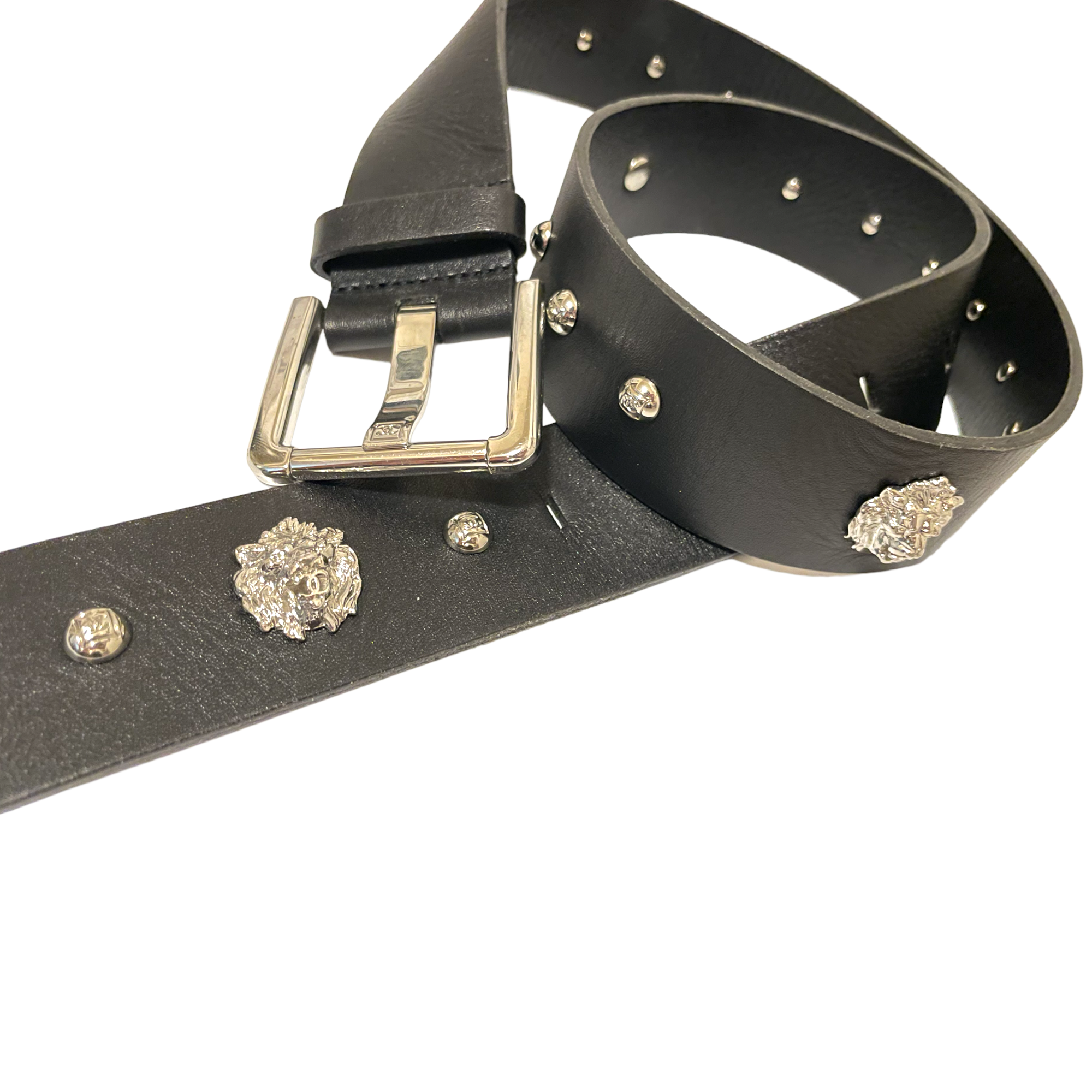 CHANEL Black Leather CC Stud & Lion Motif Belt, Silver Hardware | SIZE: 32/80