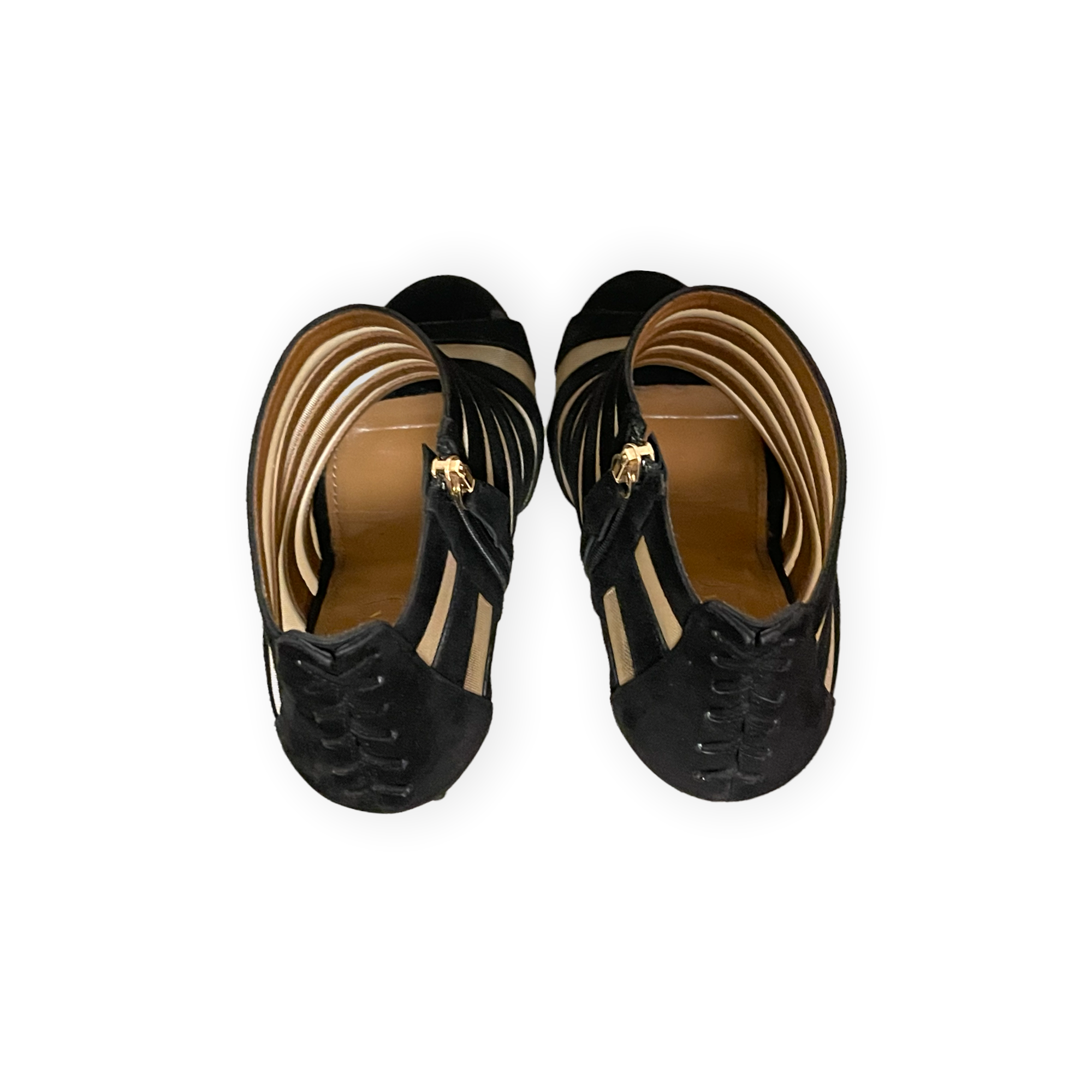 AQUAZZURA Black Suede & Nude Mesh Striped Sandals | Size: 8.5 | IT 38.5 |