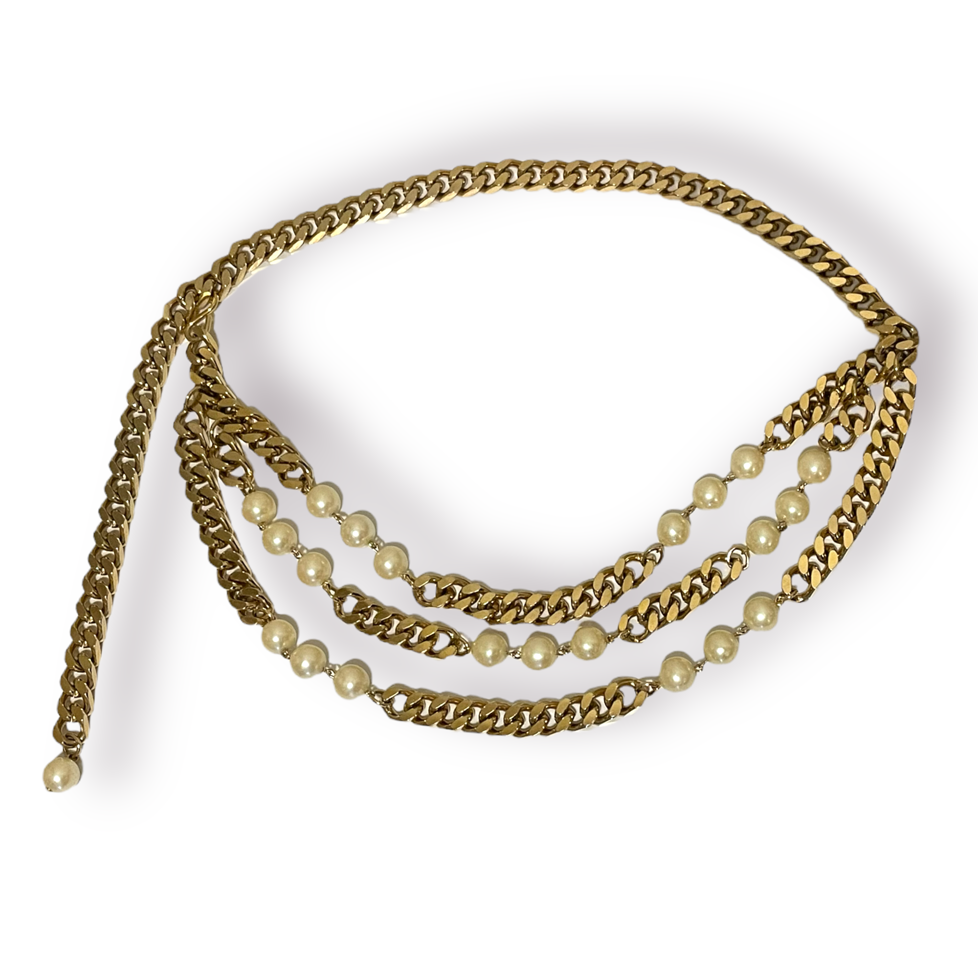 NEIMAN MARCUS Gold Tone Metal & Pearl Cuban Link Chain Belt