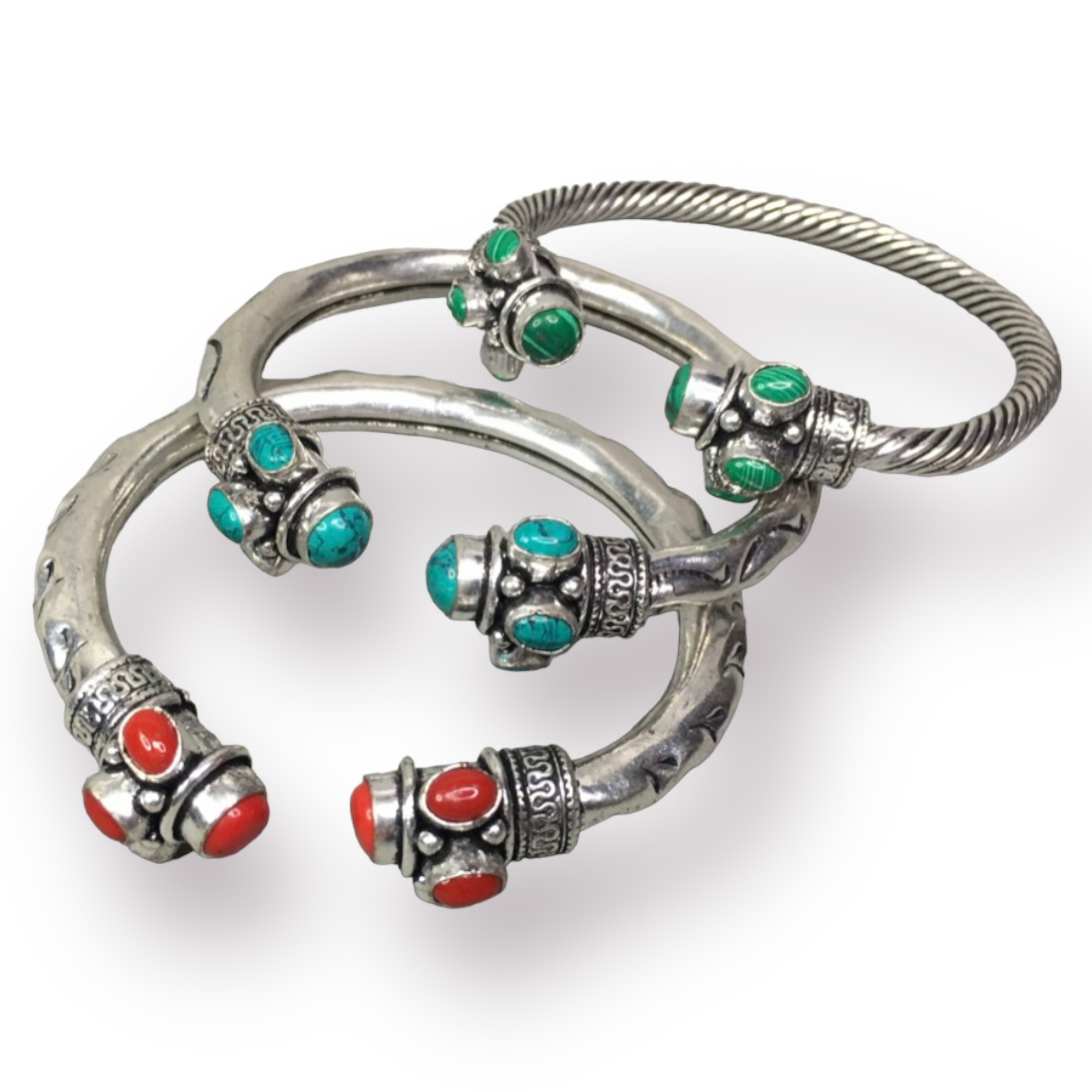 Semi-Precious Stone Accented Silver Tone Metal Bangles