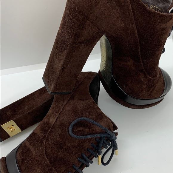 Chanel Brown Suede Lace-up Heeled Booties