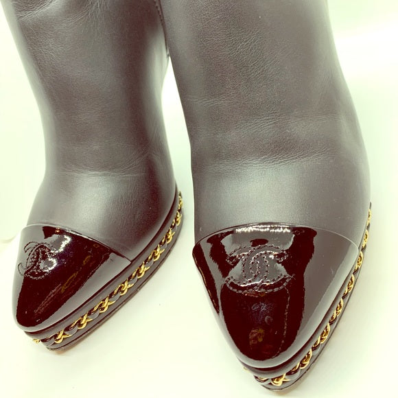 CHANEL Black Ankle Boot Gold Braided Chain Sole