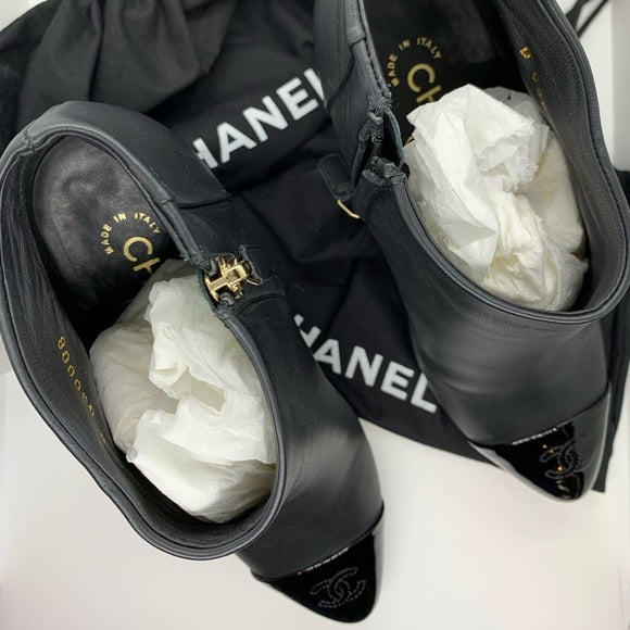 CHANEL Black Ankle Boot Gold Braided Chain Sole