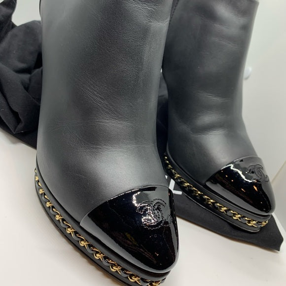CHANEL Black Ankle Boot Gold Braided Chain Sole