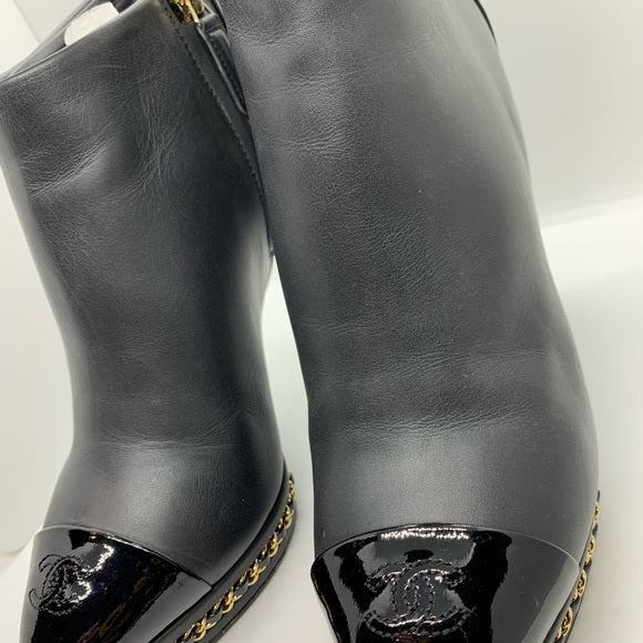 CHANEL Black Ankle Boot Gold Braided Chain Sole