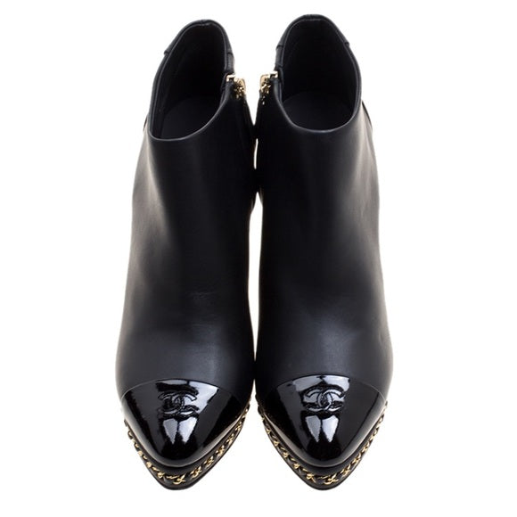CHANEL Black Ankle Boot Gold Braided Chain Sole
