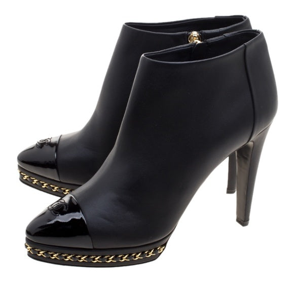 CHANEL Black Ankle Boot Gold Braided Chain Sole