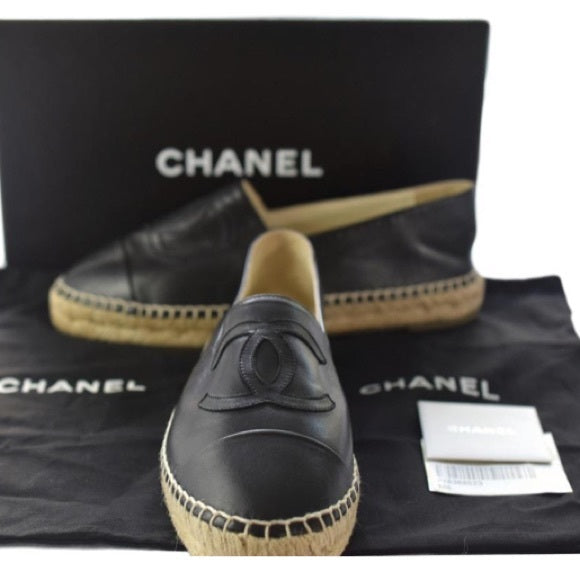 CHANEL Black Lambskin Leather Size 37 Espadrille