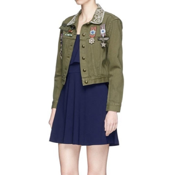 ALICE + OLIVIA CHLOE EMBROIDERED JACKET ARMY GREEN SIZE XS