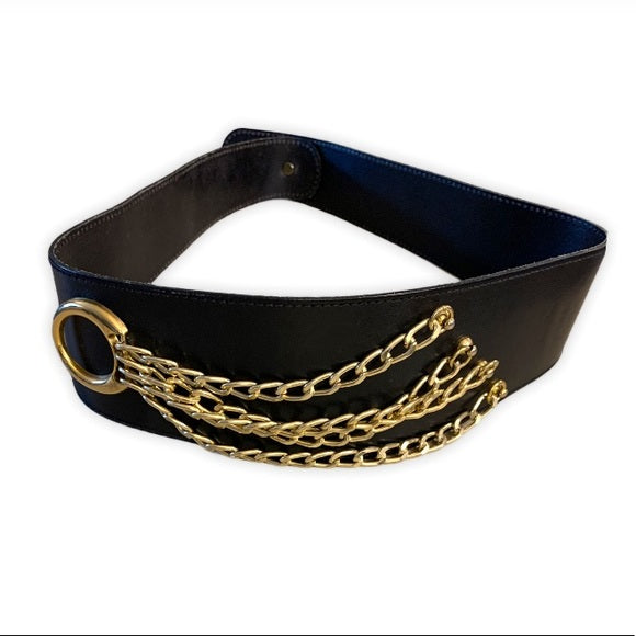 The Limited Black Leather & Gold Chain Waist Belt
