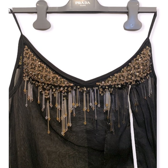 PRADA Crystal & Bead Embellished Sheer Black Dress
