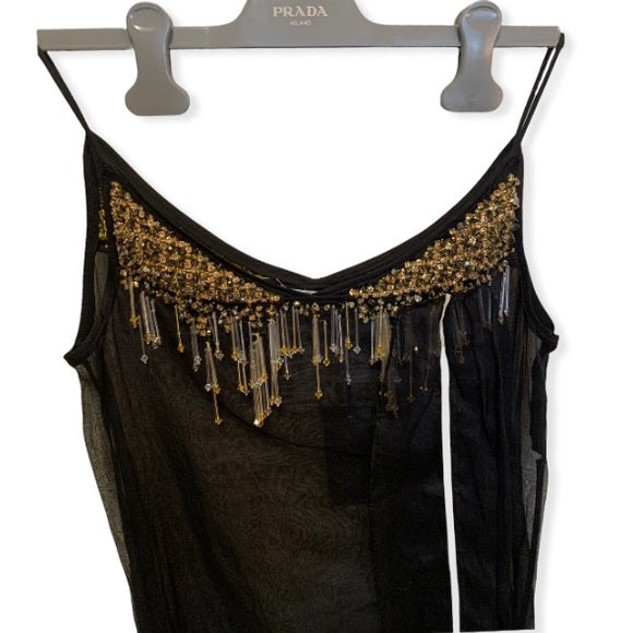 PRADA Crystal & Bead Embellished Sheer Black Dress