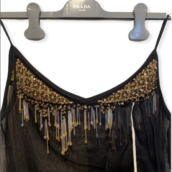 PRADA Crystal & Bead Embellished Sheer Black Dress
