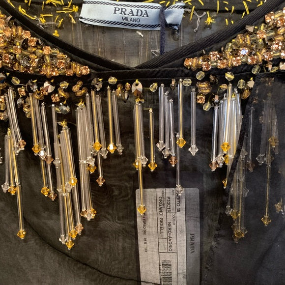 PRADA Crystal & Bead Embellished Sheer Black Dress