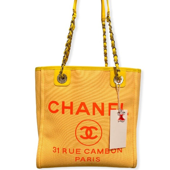 CHANEL YELLOW CANVAS DEAUVILLE TOTE SMALL