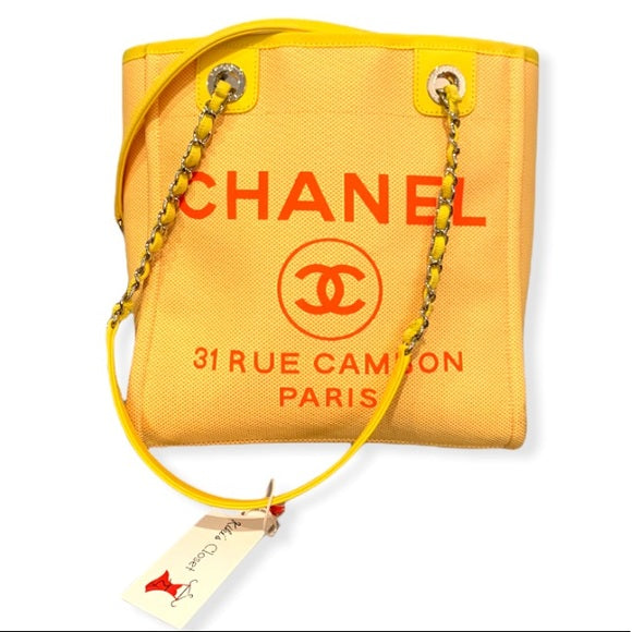 CHANEL YELLOW CANVAS DEAUVILLE TOTE SMALL