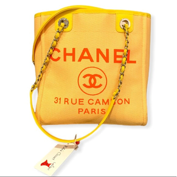CHANEL Woven Straw Raffia Large Deauville Tote Yellow 115002