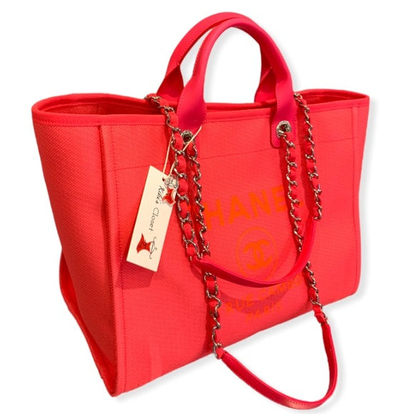Chanel Neon Pink and Orange Mixed Fibers Large Deauville Tote Silver Hardware
