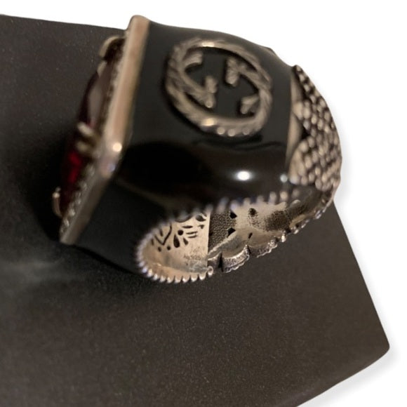 GUCCI Sterling Silver Red Crystal Stone Signet Ring Size: 6