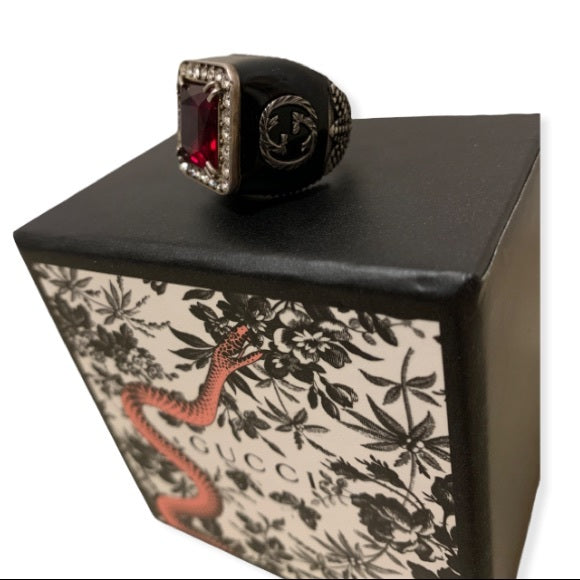 GUCCI Sterling Silver Red Crystal Stone Signet Ring Size: 6