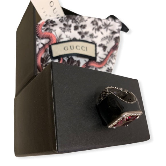 GUCCI Sterling Silver Red Crystal Stone Signet Ring Size: 6