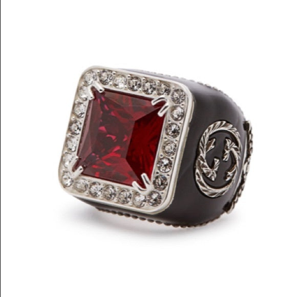 GUCCI Sterling Silver Red Crystal Stone Signet Ring Size: 6