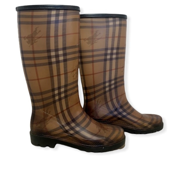 BURBERRY Nova Check Pattern Tall Rubber Rain Boots SIZE:39