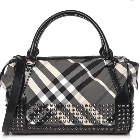 BURBERRY Nylon Beat Check Studded Medium Edenham Satchel Black