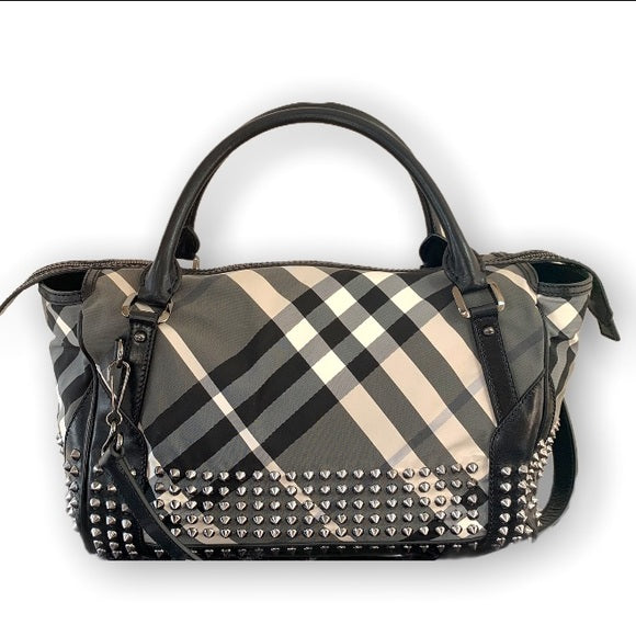 BURBERRY Nylon Beat Check Studded Medium Edenham Satchel Black