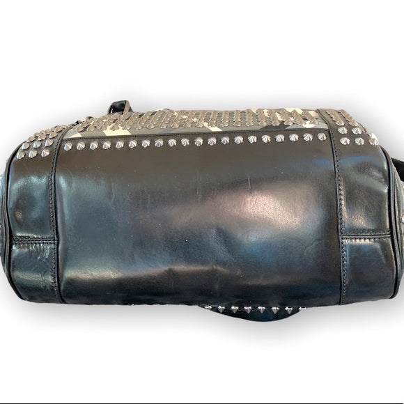 BURBERRY Nylon Beat Check Studded Medium Edenham Satchel Black
