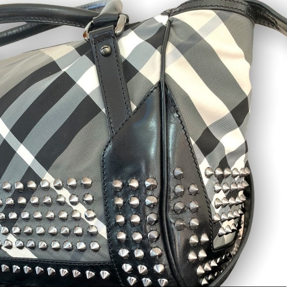 BURBERRY Nylon Beat Check Studded Medium Edenham Satchel Black
