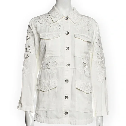 Alice + Olivia Three-Quarter Sleeve Embroidered White Button-Up Top - main product photo