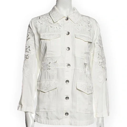 ALICE + OLIVIA Three-Quarter Sleeve Embroidered White Button-Up Top Size S