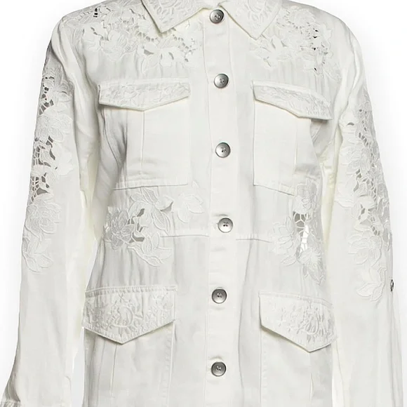 ALICE + OLIVIA Three-Quarter Sleeve Embroidered White Button-Up Top Size S