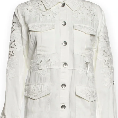 Alice + Olivia Three-Quarter Sleeve Embroidered White Button-Up Top - photo 2 of 7